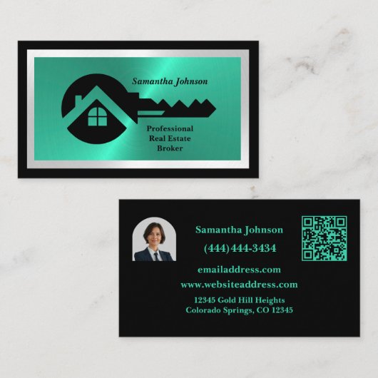 Luxe Zwart & Turquoise QR Code Foto Onroerend Goed Visitekaartje (Voorkant / Achterkant)