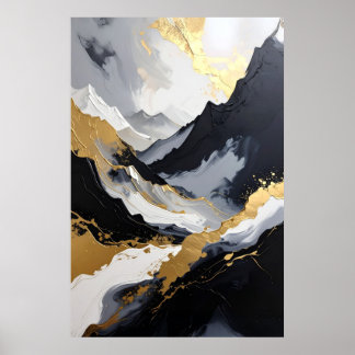 Luxe zwart wit en goud abstracte berg poster