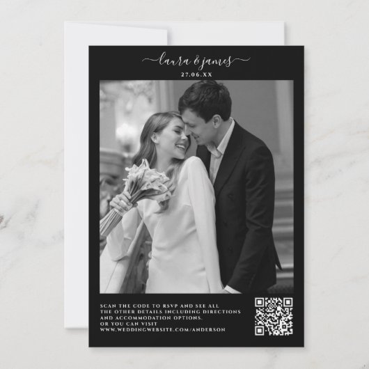 Luxe Zwart & Wit Foto QR Code Classy Bruiloft Kaart (Achterkant)