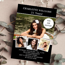 Luxe zwart-wit fotocollage verjaardagsfeestje kaart