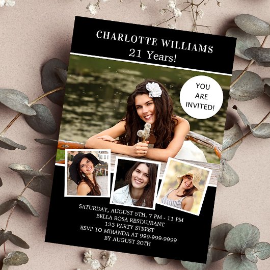 Luxe zwart-wit fotocollage verjaardagsfeestje kaart