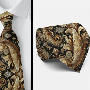 Luxe zwart-wit gouden paisley diamanten halsband stropdas