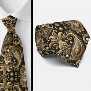 Luxe zwart wit gouden paisley diamanten halsband stropdas