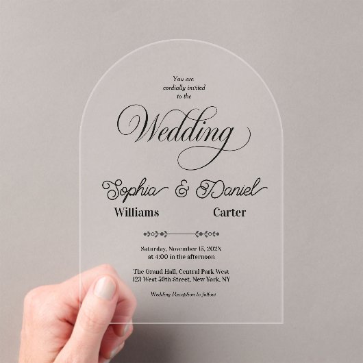 Luxe Zwart & Wit Huwelijk Chic Artistiek Paar Acryl Uitnodigingen (Insitu (Draagbaar))