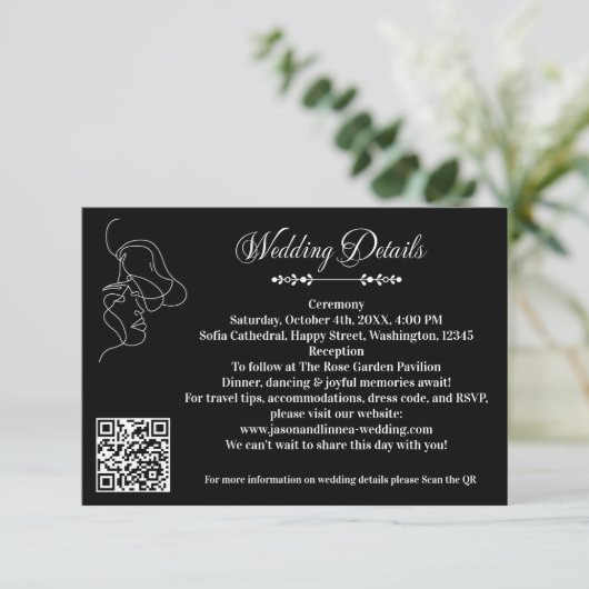 Luxe Zwart & Wit Huwelijk Chic Artistiek Paar Informatiekaartje (Staand voorkant)