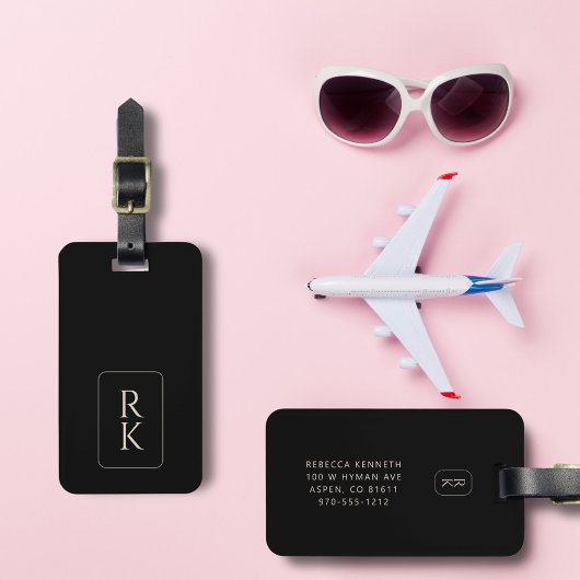 Luxe zwart-wit minimalistische custom monogram bagagelabel