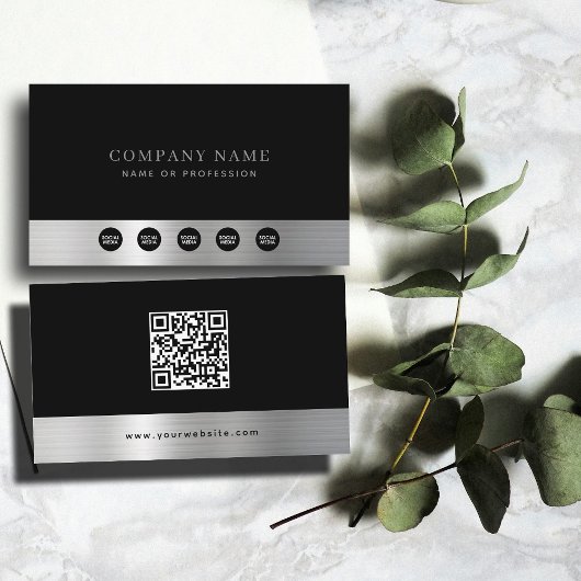 Luxe Zwart Zilver Bedrijf Social Media & QR Code Visitekaartje