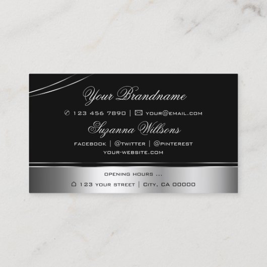 Luxe zwart zilver gebogen decor lijnen glinsterend visitekaartje (Achterkant)