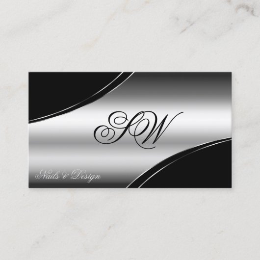 Luxe zwart zilver gebogen lijnen monogram QR-code Visitekaartje (Voorkant)