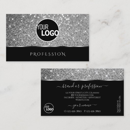 Luxe zwart zilver glitter shimmer sterren toevoege visitekaartje (Voorkant / Achterkant)