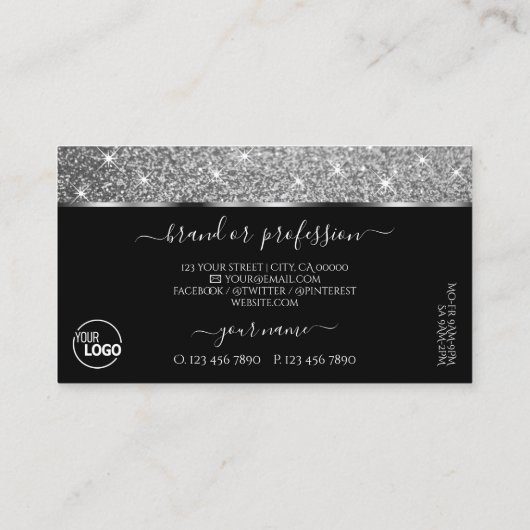 Luxe zwart zilver glitter shimmer sterren toevoege visitekaartje (Achterkant)