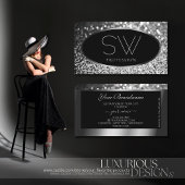 Luxe Zwart Zilver Sparkle Glitter met Monogram Visitekaartje