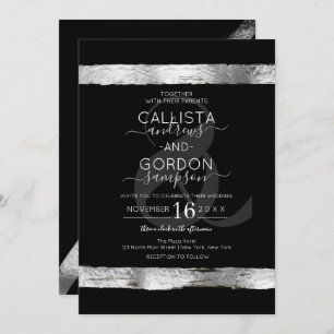 Luxe Zwart Zilveren Brushstroke Border Wedding Kaart