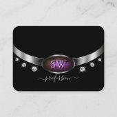 Luxe Zwart Zilveren Paarse Marmeren Monogram Diama Visitekaartje (Voorkant)