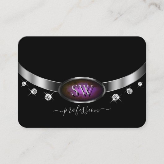 Luxe Zwart Zilveren Paarse Marmeren Monogram Diama Visitekaartje (Voorkant)