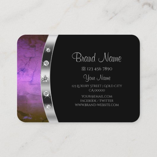 Luxe Zwart Zilveren Paarse Marmeren Monogram Diama Visitekaartje (Achterkant)