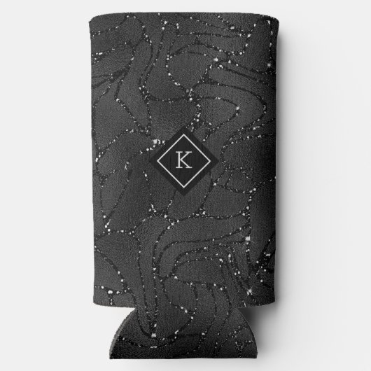 Luxe Zwarte Achtergrond Wit Sparkles Monogram Seltzer Blikjeskoeler (Achterkant)