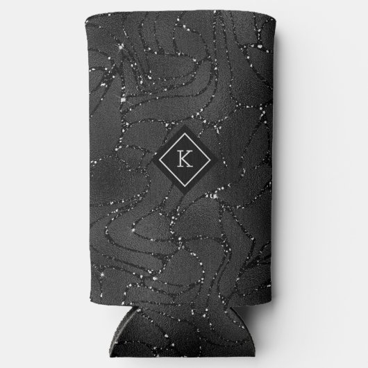 Luxe Zwarte Achtergrond Wit Sparkles Monogram Seltzer Blikjeskoeler (Voorkant)