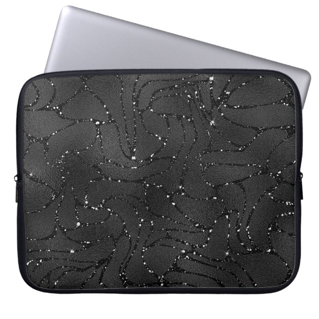 Luxe zwarte achtergrondpatroon met glitters laptop sleeve (Voorkant)