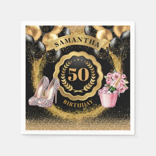 Luxe zwarte ballonnen servetten met gouden glitter (Voorkant)