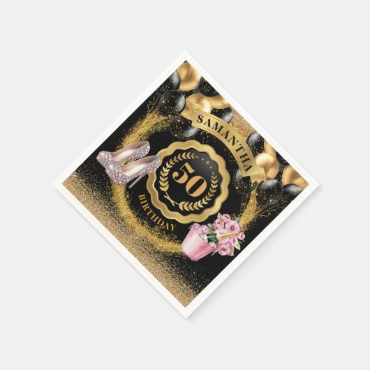 Luxe zwarte ballonnen servetten met gouden glitter (Hoek)