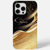 Luxe zwarte basis & gouden parel naam iPhone case (Achterkant)