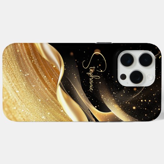 Luxe zwarte basis & gouden parel naam iPhone case (Achterkant (horizontaal))