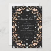 Luxe zwarte bloemendiamanten Save the Date Kaart (Voorkant)