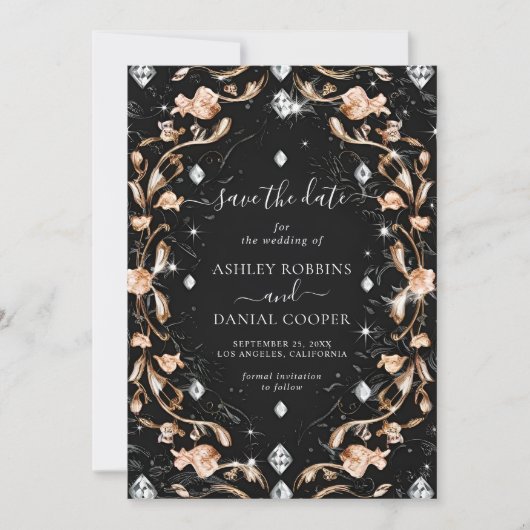 Luxe zwarte bloemendiamanten Save the Date Kaart (Voorkant)