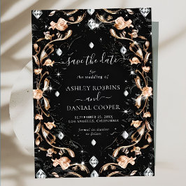 Luxe zwarte bloemendiamanten Save the Date Kaart