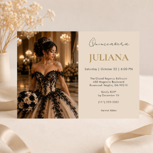 Luxe zwarte champagne Quinceañera uitnodiging