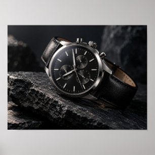 Luxe zwarte chronograaf horloge op stenen poster