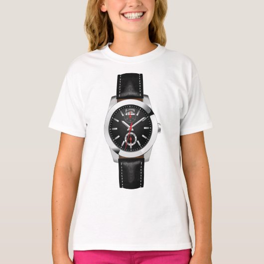 Luxe zwarte chronograaf horloge stijlvol uurwerk t-shirt (Voorkant)