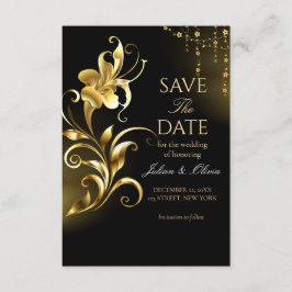 Luxe zwarte en gouden bloemensave the date-kaart informatiekaartje