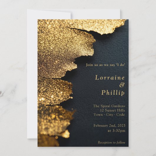 Luxe zwarte en gouden glitters bruiloft kaart (Voorkant)