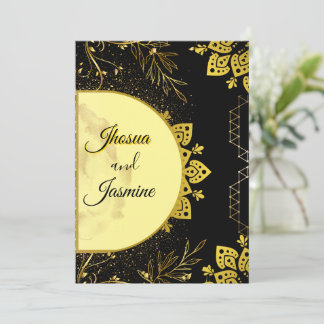 Luxe zwarte en gouden mandala-huwelijksuitnodiging kaart