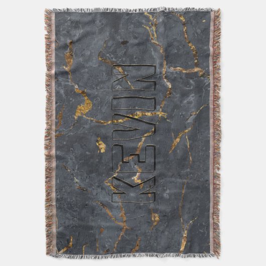 Luxe, zwarte en gouden marmertextuur Monogram Deken (Voorkant Verticaal)