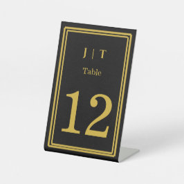 Luxe zwarte en gouden monogram huwelijks tafelnumm reclamebord met voetstuk