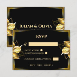 Luxe zwarte en gouden RSVP-kaart met maaltijdkeuze RSVP Kaartje