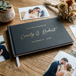 Luxe zwarte en gouden script foto trouwboek gastenboek