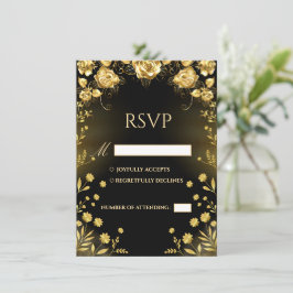 Luxe zwarte en gouden trouw-RSVP kaart