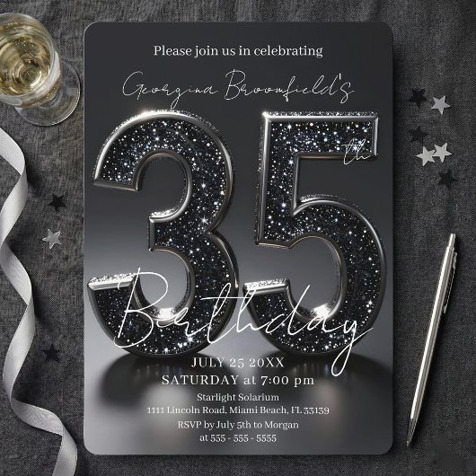 Luxe zwarte glitter zilver glans 35e verjaardag kaart