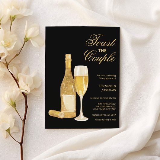 Luxe zwarte gouden champagne toast Engagement Part Kaart