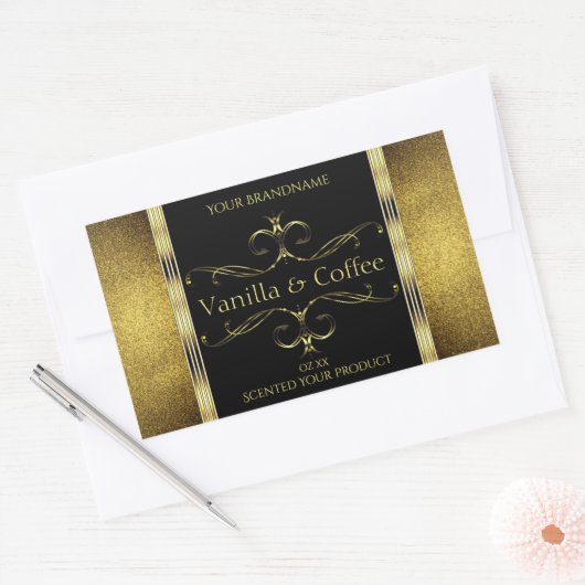 Luxe zwarte gouden Glitter-grenzen Productlabel Rechthoekige Sticker (Envelop)