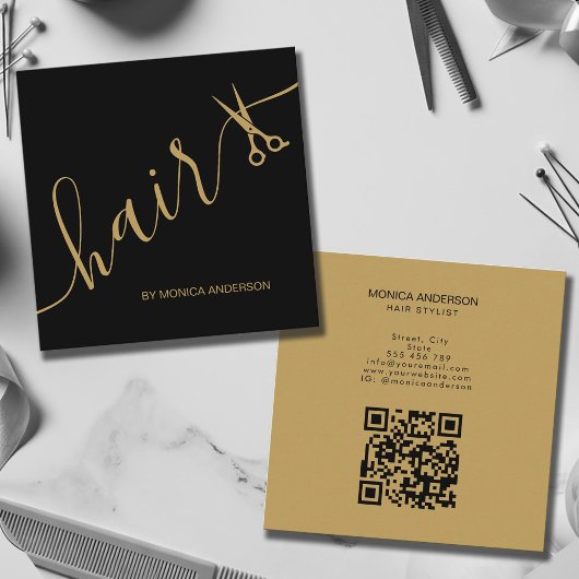 Luxe zwarte gouden haar script schaar QR-code Vierkante Visitekaartje