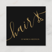 Luxe zwarte gouden haar script schaar QR-code Vierkante Visitekaartje (Voorkant)