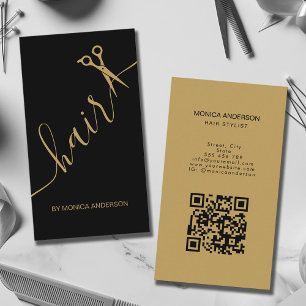 Luxe Zwarte Gouden Haar Script Schaar QR Code Visitekaartje