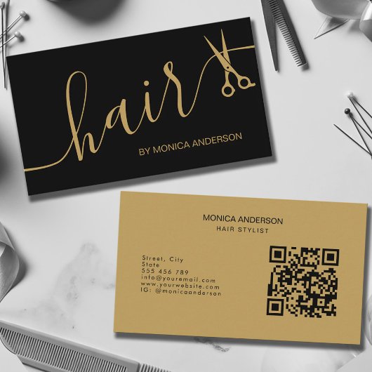 Luxe Zwarte Gouden Haar Script Schaar QR Code Visitekaartje