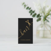 Luxe Zwarte Gouden Haar Script Schaar QR Code Visitekaartje (Staand voorkant)
