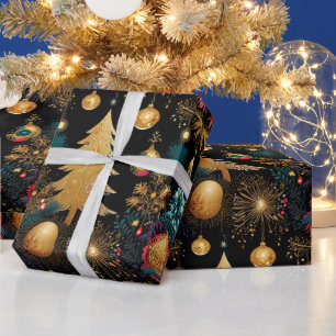 Luxe Zwarte Gouden Kerstboom Botanisch Cadeaupapier